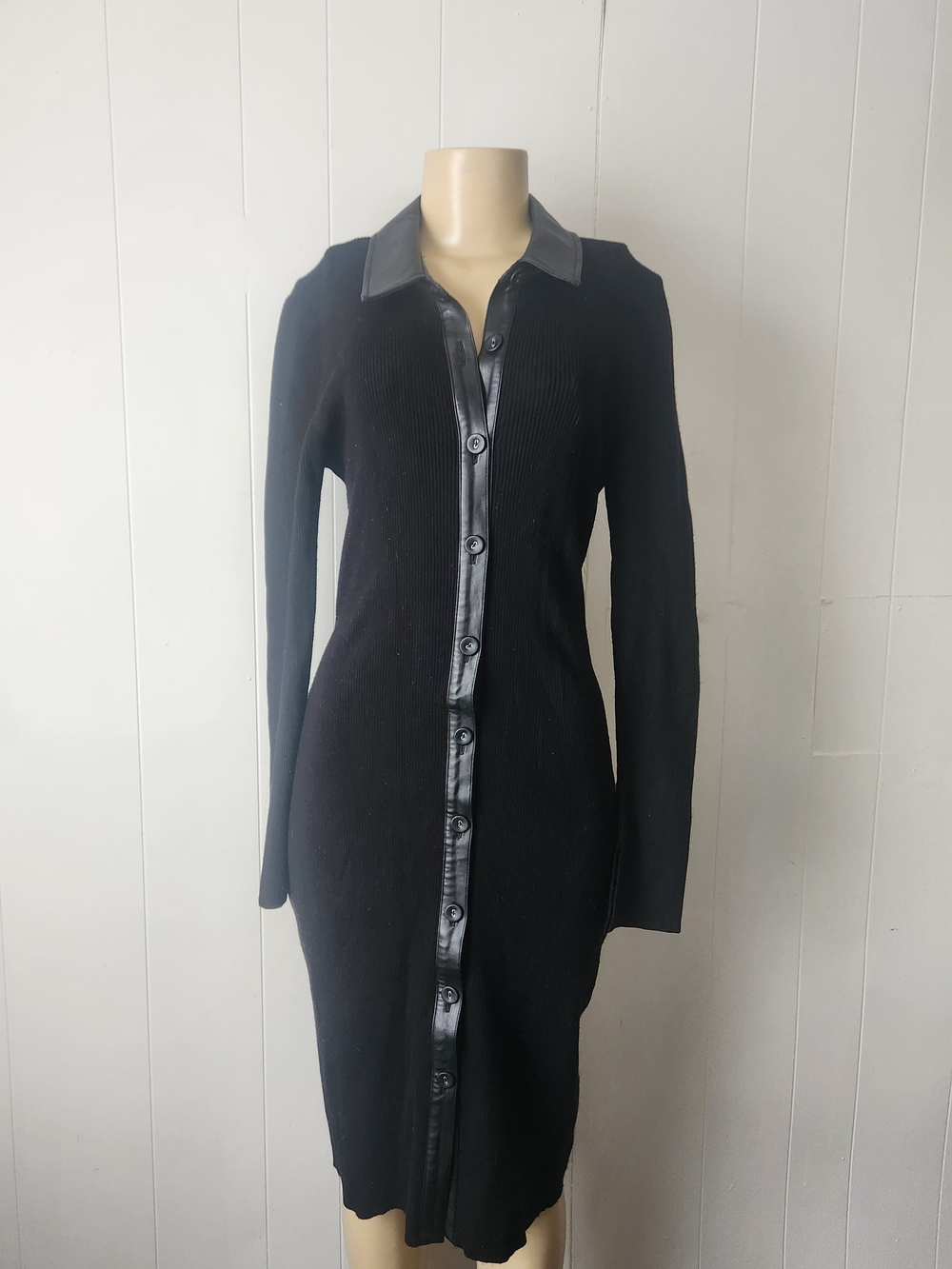 Ellen Tracy Black Long-Sleeve Knit Dress with Faux-Leather Trim Whimsigoth L